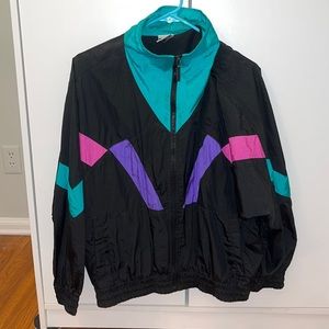 vintage Puma bomber jacket, size - Large, colors - black, purple, pink, teal